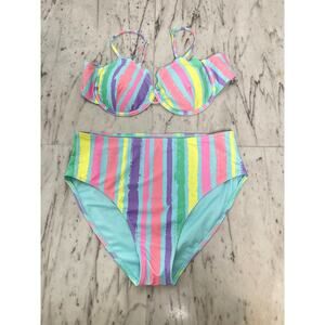 Pink Lily Retro Stripe High Waist Bikini Set Underwire Top Colorful Swim L/XL
